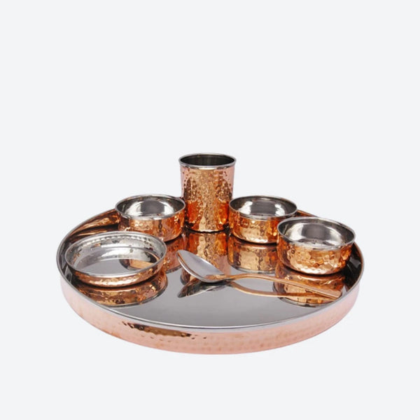 Copper Steel Hand Made Kitchen Plate/thali Dinner Set, Brown, 7 Piece