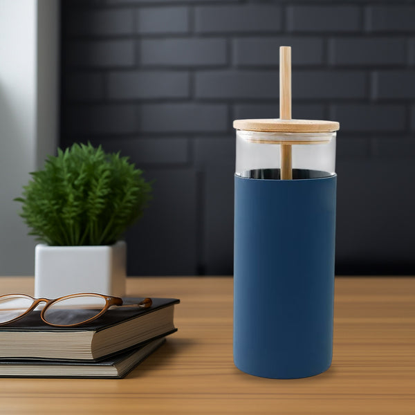 Borosilicate Glass Tumble with 1 Straw and Bamboo Lid 450ml